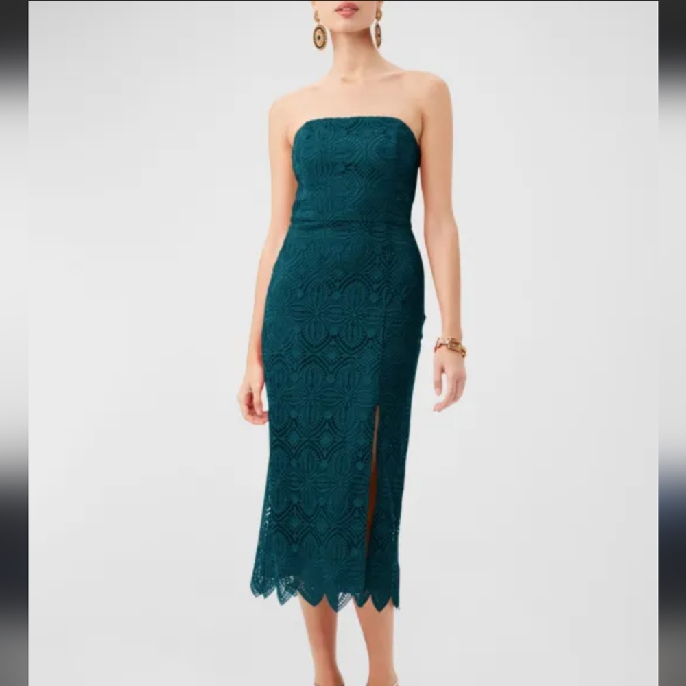 Trina Turk Lace Strapless Deep Green Lace Midi Dress